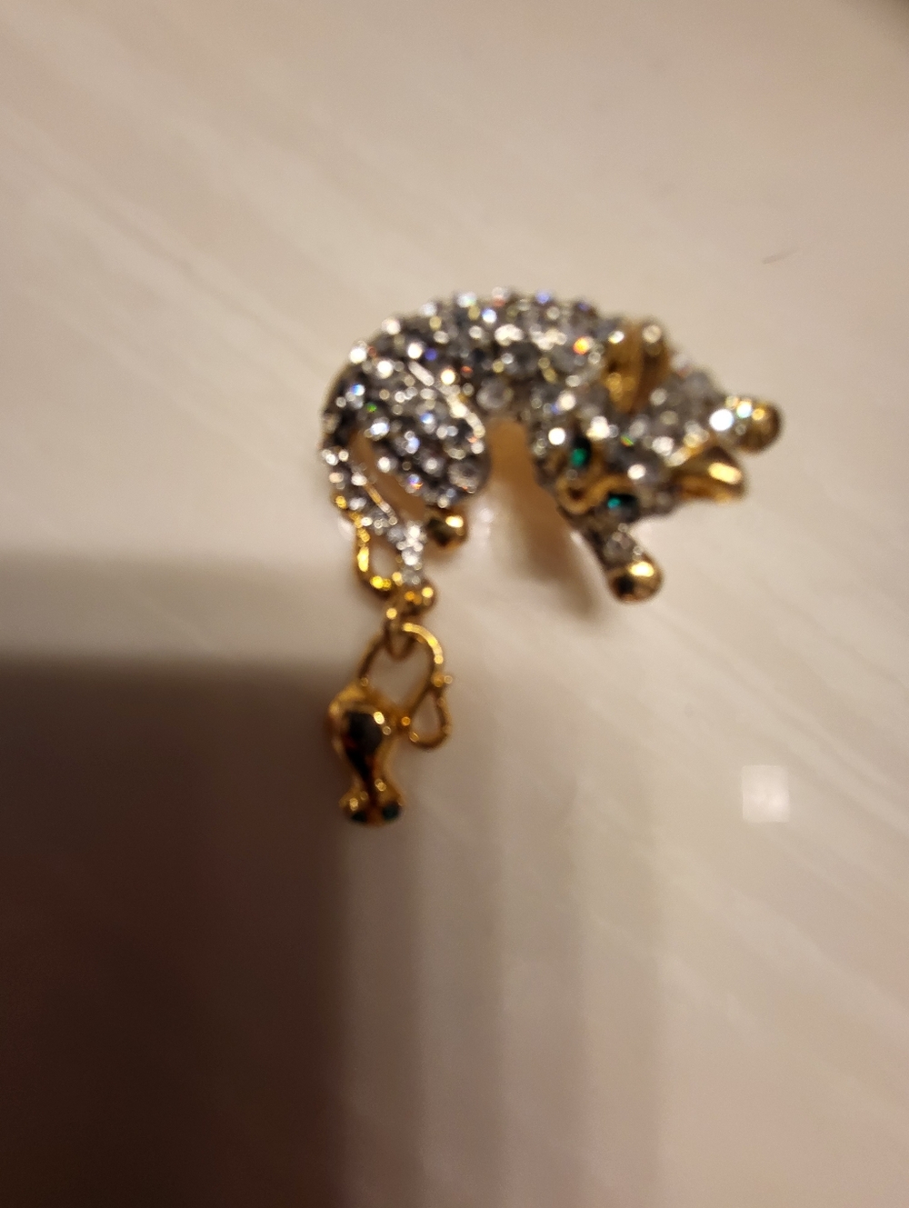 Gold-Tone Crystal Rhinestones Cat With Green Eyes And Dangling Kitten Brooch -